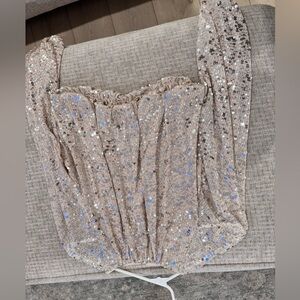 H&M Beige Sparkly Lace-Trimmed Blouse